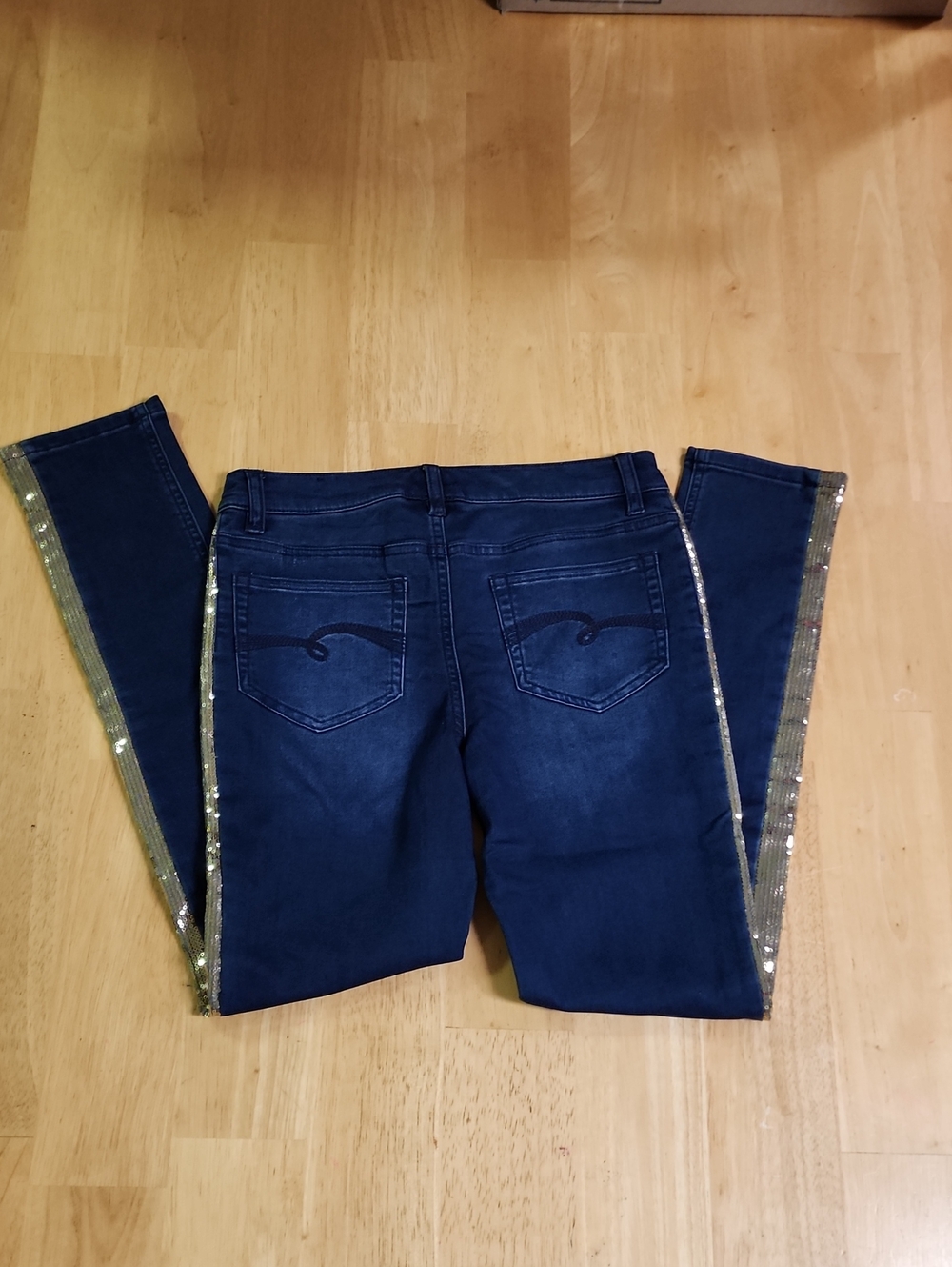 Justice Girls Size 14 Simply Low Jegging Dark Wash Gold Sequin Stripe Jeans EUC - Picture 4 of 9